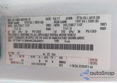 2017 Ford F-150 Xl из США, поврежденный, VIN 1FTMF1C89HKD62951